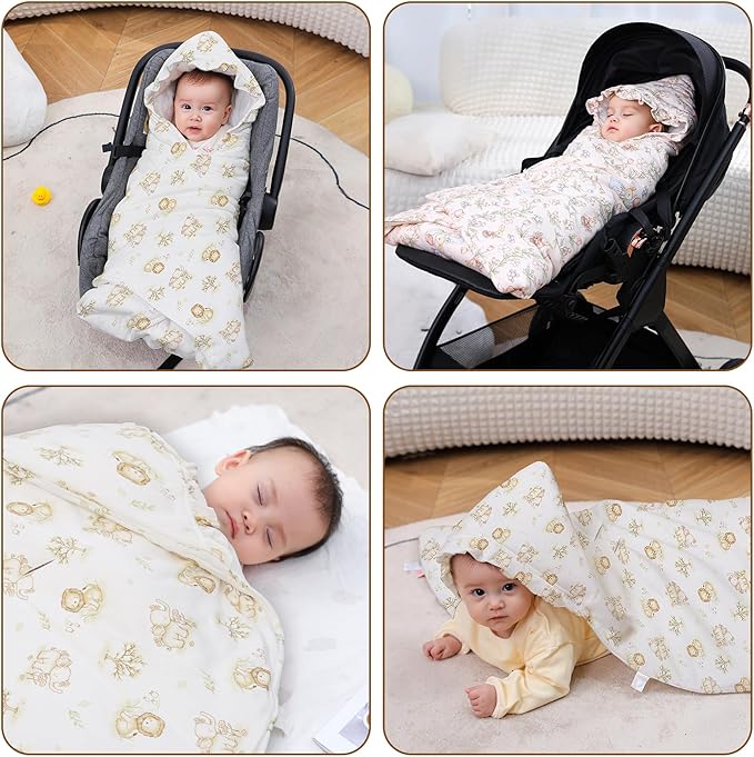 LAT LEE AND TOWN Winter Baby Car Seat Blanket for Newborn,35"x35"Universal Baby Wrap Blanket with Ruffle Hood,Winter Thickening Double Sided Cotton for Infants,Blankets for Stroller(Lion Elephant)
