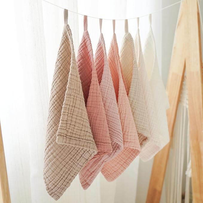 Konssy Baby Muslin Washcloths 7-Pack, 100% Cotton Baby Bath Washcloths, Soft & Absorbent Wash Cloths and Burp Cloths for Newborn Kids Girls & Boys, 11x11 inches