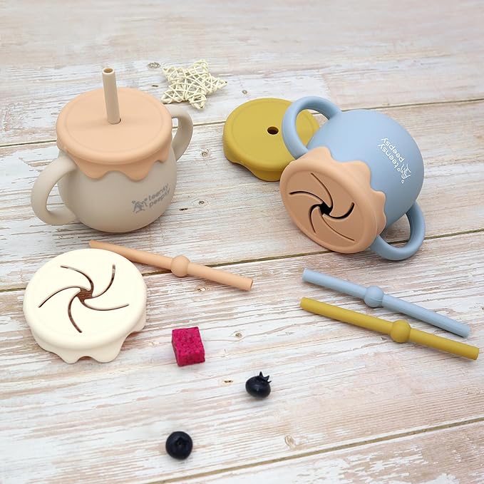 Honey Jar Pot 3-in-1 Silicone Training Cup 8.5oz, Unisex Baby Sippy Cup with Straw & Snack Lid for 6 months+ Break Resistant Straw Cup for Toddler Smoothie Drinkware (Sandy Beige)