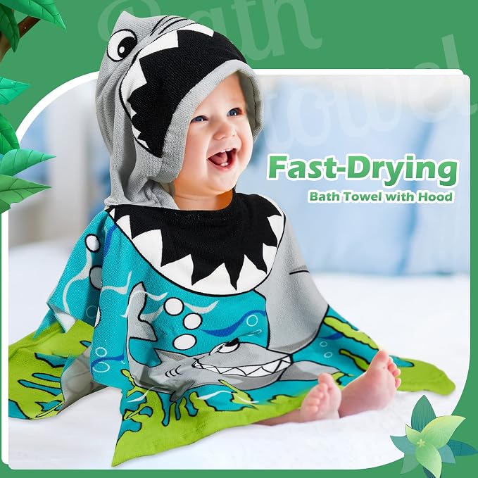 Chumia 3 Pack Kids Hooded Beach Poncho Towels Toddler Swim Pool Bath Towels with Hood Thicker Cotton Absorbent Cover up for Boys Girls Baby(47 x 24 Inch,Shark, Astronaut)