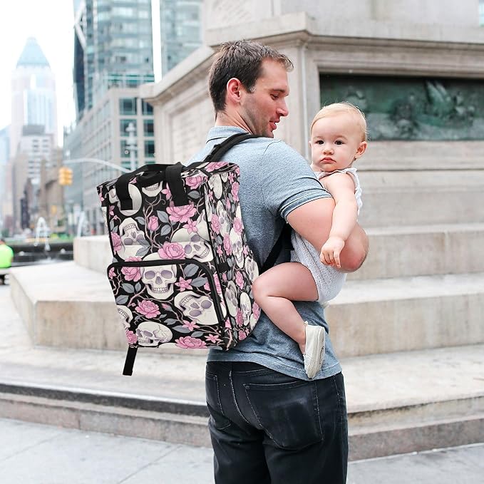 Halftone Skull Rose Diaper Bag – Insulated Pockets, Large Capacity for Mom Dad