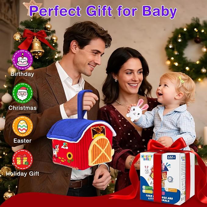 Montessori Sensory Toys for Baby - First Surprise Barn with 6 Stuffed Farm Animals - Rattles, Crinkles, Squeak, Mirror - 6-12 Months Infant &1-3 Years Toddler boy Girl Gifts & Travel Toy