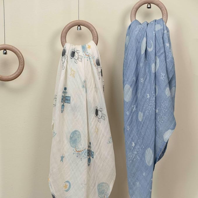 GLLQUEN BABY Muslin Swaddle Blankets Breathable Receiving Blankets (35" x 40") 2-Pack Soft Baby Blankets for Girls and Boys Newborn Essentials Muslin Burp Cloths Swaddle Wrap Baby Gift(Astronaut)