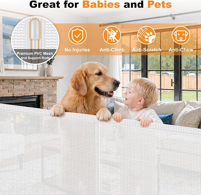Reinforced Retractable Baby Gates 70” Wide Retractable Gate | with Support Rods to Prevent Bottom Escape, 33” Tall Mesh Dog Gate for Stairs, Doorways, Hallways, Decks, Indoor/Outdoor
