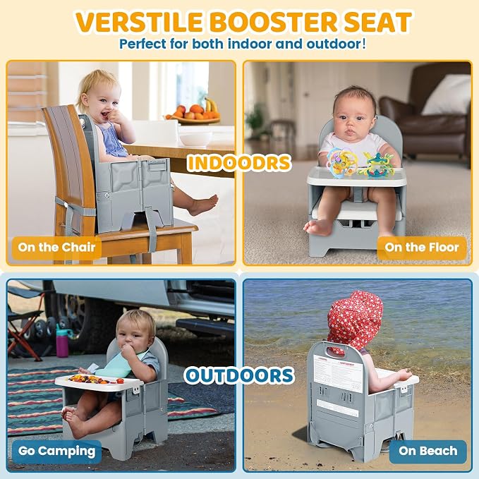 Orzbow Portable High Chair with Tray, Foldable Booster Seat for Travel Toddlers 6-36 Months, Baby Chair for Dining Table, Camping, Beach, Portable Booster Chair, Up to 33 lbs Baby, Grey