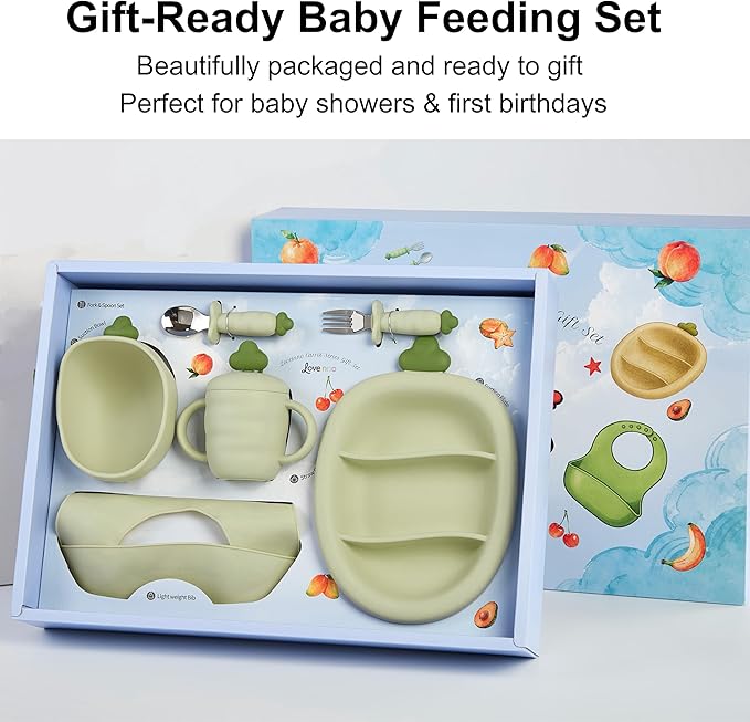 Silicone Baby Feeding Gift Set ??Suction Plate, Bowl, Training Cup, Fork, Spoon & Bib (6-Piece) (Matcha Green)