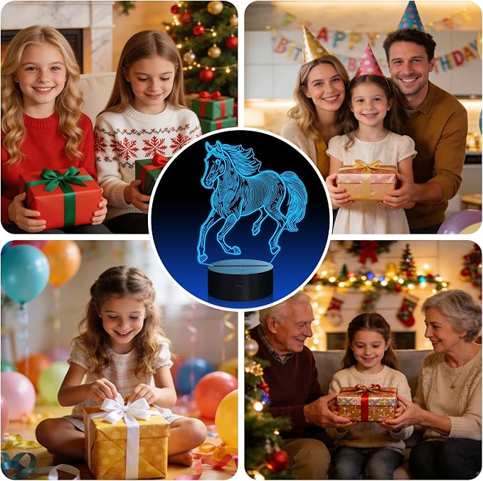 Attivolife Horse 3D Night Light, Horse Gifts for Girls, Illusion LED Lamp with Remote Control + Timer + 16 Color Changing, Kids Boy Animal Room Decor, Birthday Xmas Present for Teen Women Horse Lover