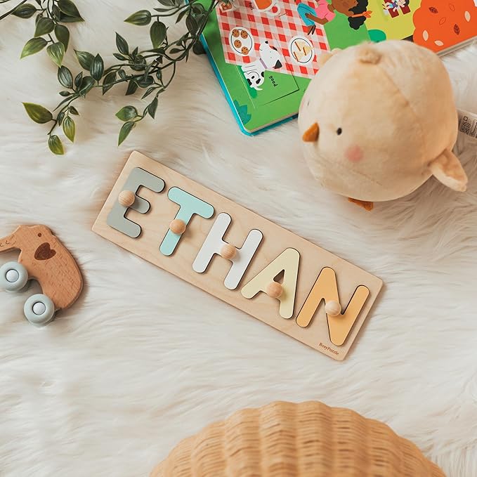 Personalized Name Puzzle Montessori Toys Nursery Decor Customized Puzzle Educational Toy for a 1 Year Old Gifts Kids Name Sign for Nursery Easter Present for Baby (Pastel Boy)