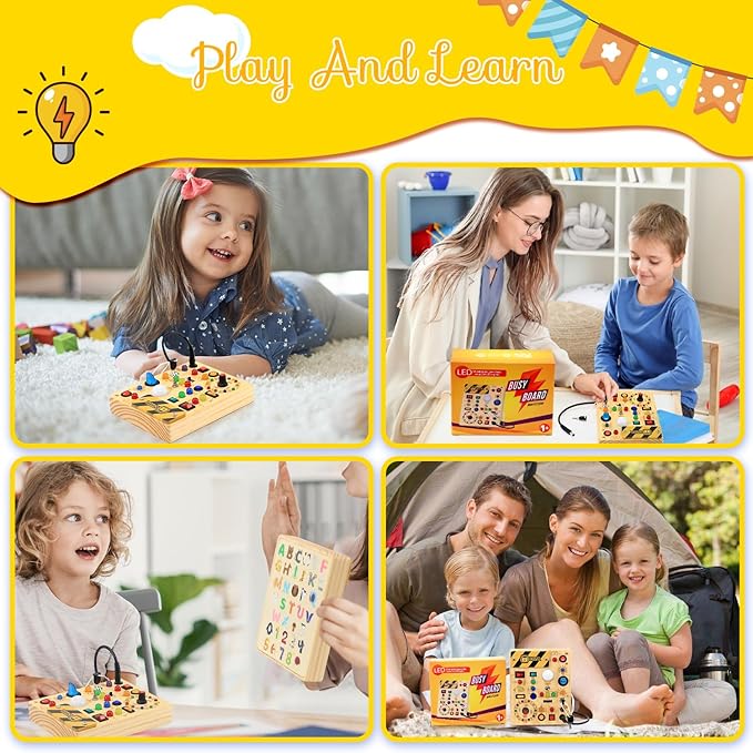 RichBoy Busy Board Montessori Sensory Toy, 37-in-1 Switch Board with 24 LED Lights, Birthday Gift for 1 2 3 Year Old Boys Girls, Safety for Toddlers Home Travel Essentials (6.7" X 5.3")