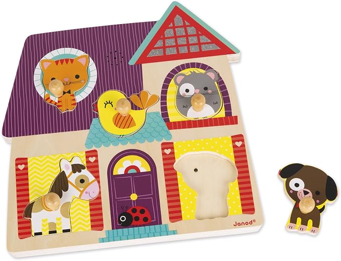 Janod 5 Piece Musical Animal Sound My Little Friends Themed Wooden Peg Colorful Jigsaw Puzzle with Sound Effects - Encourages Shape Recognition, Dexterity & Language Development - Toddlers 18 Months+