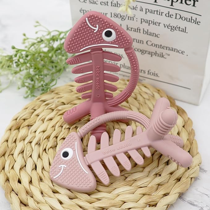 3 in 1 Infant Toys, Baby Teething Toys 3?? 6??2 Months, Teethers for Babies 0??????2 Months for Teething Relief, Baby Gift, Baby Teether Toys, Silicone Sensory Toys,USA Patent Pending, Fish-Rose Pink