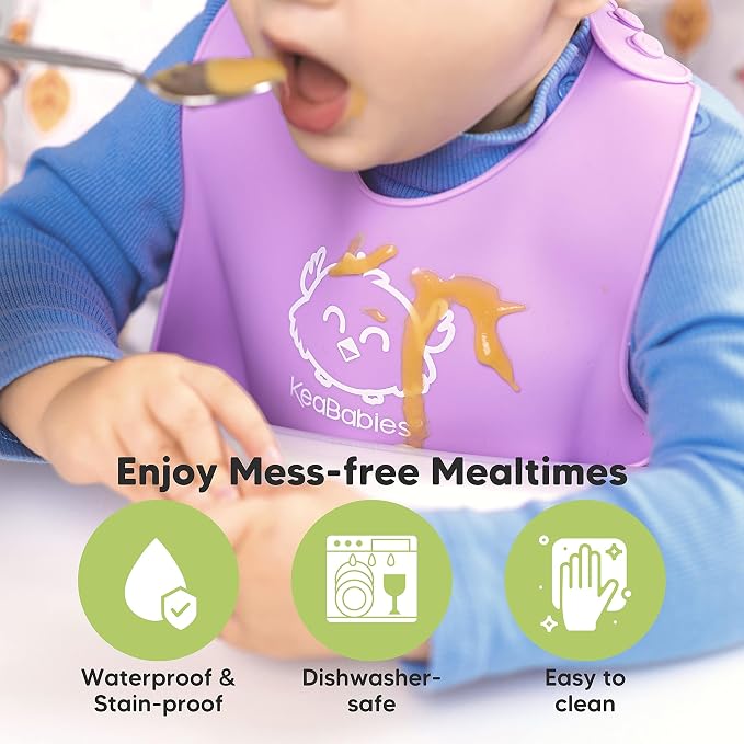 KeaBabies 3-Pack Waterproof Baby Bibs for Eating - Baby Silicone Bibs - Lightweight Baby Bib with Food Catcher - Waterproof, Easy Wipe Silicone Bib for Babies, Toddlers - Mess Proof Toddler Bibs