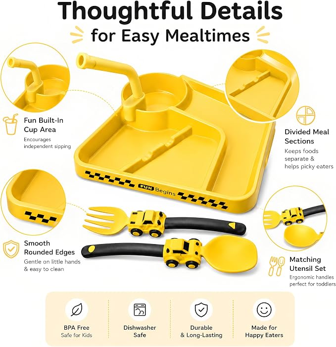 Deinyi Fun Construction Toddler Plates & Utensils - Divided Non-Tip Plate for Ages 1 2 3 4 5 6 7 - Perfect Birthday Party Gift for Boys & Girls - Yellow