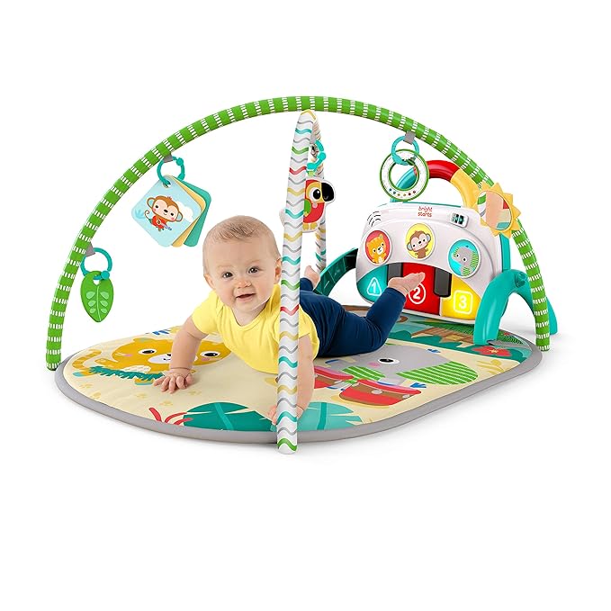 Bright Starts 4-in-1 Groovin??Kicks Piano Gym, Tummy Time Play Mat & Activity Baby Toys, Green - Tropical Safari, Newborn to Toddler
