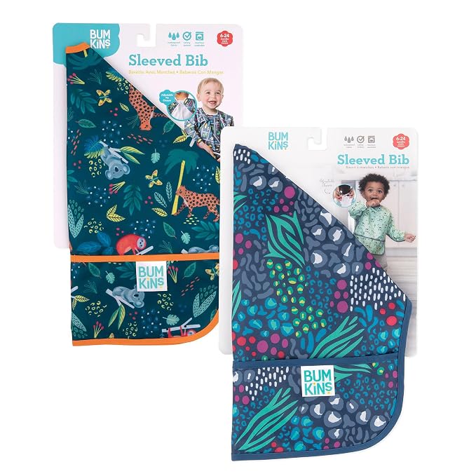 Bumkins Sleeved Bib, Waterproof Fabric, Jungle & Animal, 2-pack