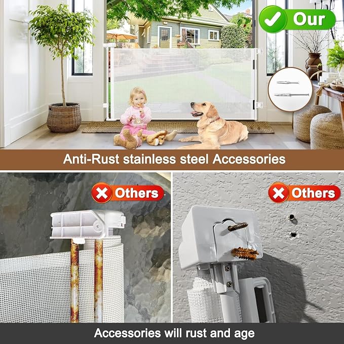 Weatherproof Outdoor Retractable Gate for Dogs with No Rust Screws and Rods, 72" Wide Waterproof Outdoor Dog gate, 6 ft Scratch-Resistant Mesh Safety Retractable Baby Gates for Parents and Pet Owners