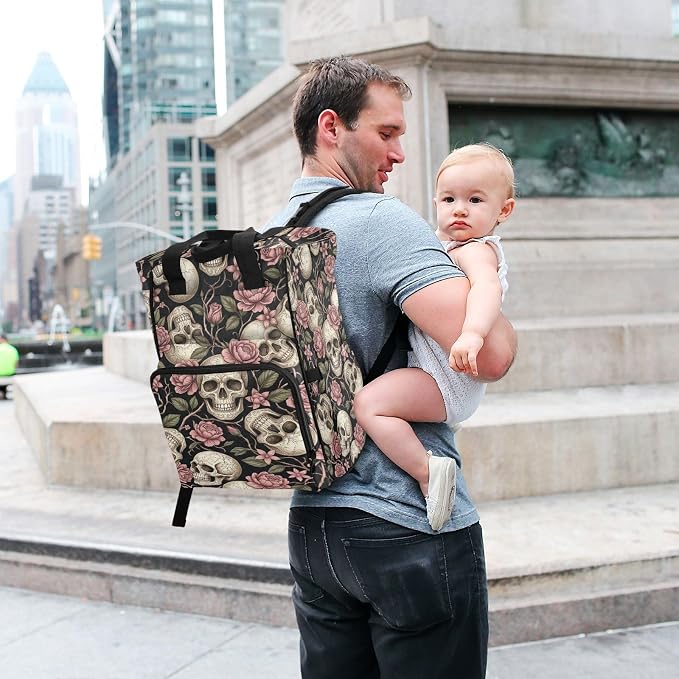 Gothic Skull Rose Diaper Bag – Insulated Bottles, Stroller Straps for Mom Dad