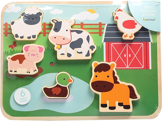 Pearhead Wooden Barn Puzzle, Farm Animal Learning Puzzle for Toddlers, Learn Animal Sounds Pegged Puzzle, Montessori Educational Toy