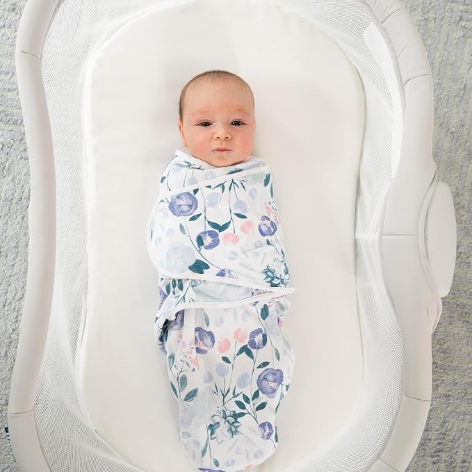 aden + anais Essentials Easy Swaddle Wrap Quick Change with Bottom Zipper, Snug Cotton Knit Baby Wrap Swaddle Blanket for Newborns, TOG 1.0, 3-Pack, Flowers Bloom, 0-3 Months, Small/Medium