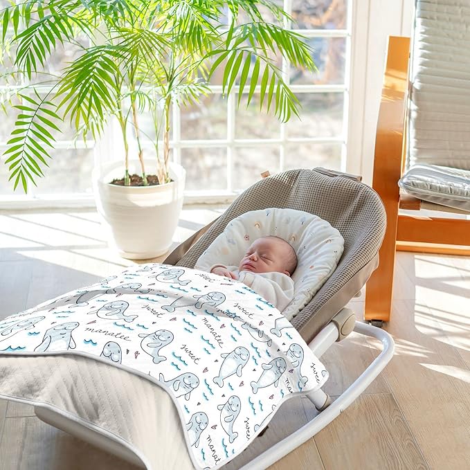 Ollabaky Cartoon Manatee Baby Blanket for Boys Girls Cotton Throw Blanket Swaddle Blanket for Crib Stroller Nursery Receiving Blanket Infant Toddler Unisex 30"x40"