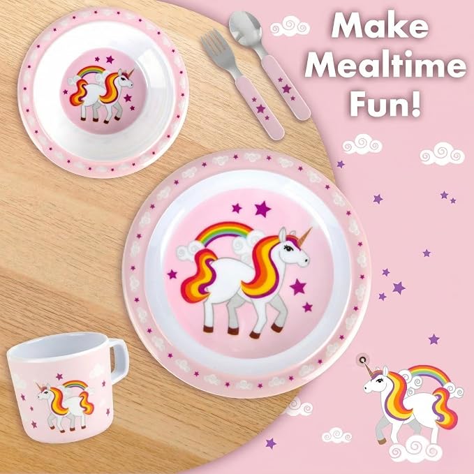 Bentology 5 Pc Mealtime Set for Kids - Unicorn Theme - Includes Raised Edge Plate & Bowl, Cup, Fork & Spoon- Dishwasher Safe, BPA Free- Cute Durable Dish, Easy Self-Feeding- Gift for Toddlers