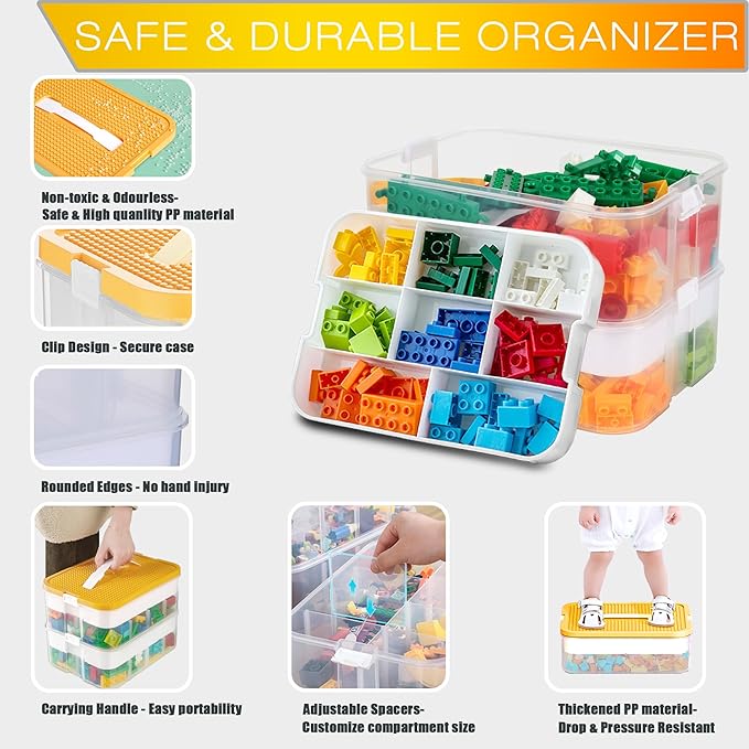 Kids Toys Storage Organizer for Lego Clear Building Blocks Container Box with Baseplate Lids 2 Layers Stackable Playroom Organization Bin Portable Drawers Bricks Puzzle Board Craft Compartments Case
