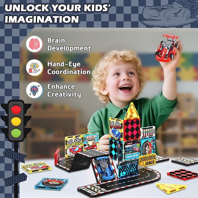 Magnetic Tiles Road Set, Rail Race Track with 2 Racer Cars, Magnetic Car Racing for Kids Ages 3 4 5 6 7 8, Magnet Building Blocks STEM Toy Birthday Gifts for 3+ Years Old Boys Girls