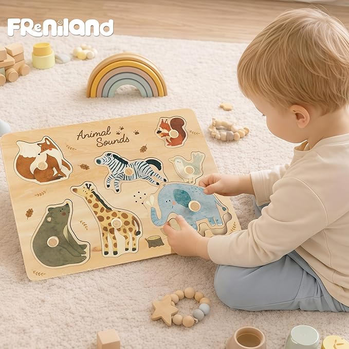 Freniland Wooden Animal Sound Puzzle for Toddlers 1-3, Montessori Farm Toy with Real Sounds, Early Learning Toy, for Boys Girls 18 Months+