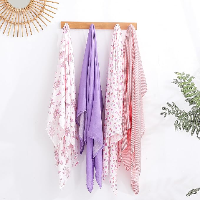 Viviland Muslin Swaddle Blanket, Baby Swaddle Blanket for Boys & Girls, Nursery Receiving Blanket for Newborn, Baby Swaddle Wrap Soft Silky & Breathable, 4 Packs, 47 X 47In, Purple Rose