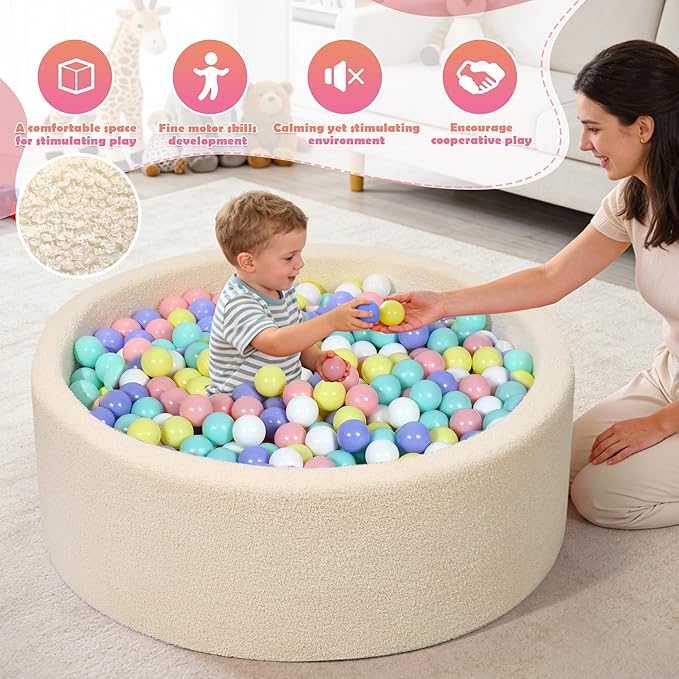 Imitation Teddy Colours Foam Ball Pits 35.4"x 11.8" Soft Round Playpen for Toddlers Dogs Cats with Soft Memory Sponge Indoor and Outdoor Game Beige(Balls not Included)