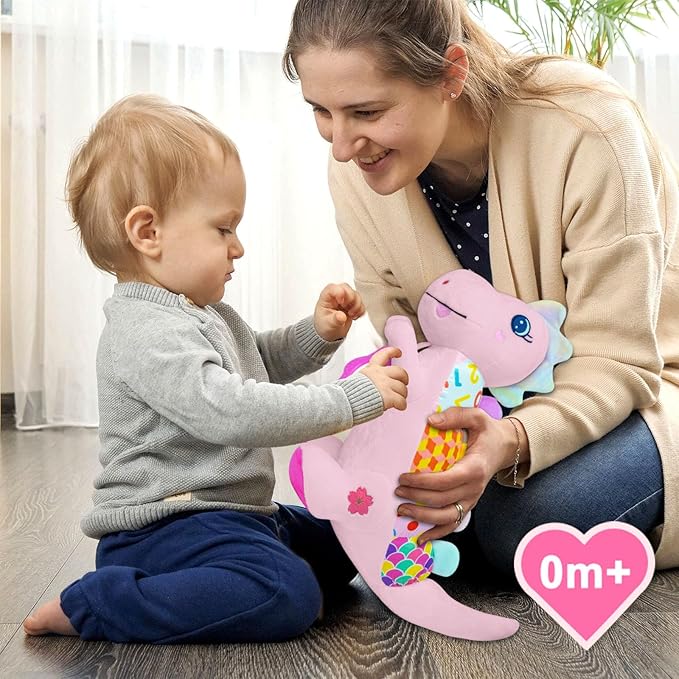 Baby Dino Musical Stuffed Animal Toys for 0-3-6-9-12 Months,Infant Dinosaur Tummy Time Toys with Crinkle Sound Paper,Teether,Textures & Rattles for Newborn Boys Girls Birthday Gifts,Pink