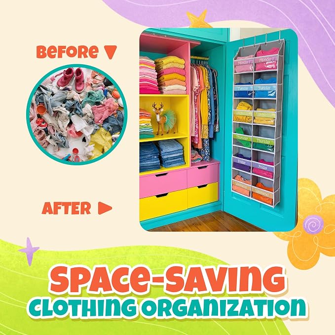 Housables Weekly Clothes Organizer for Kids, Days of the Week Clothes Organizer, Kids Closet, Daily Outfit Storage, Monday through Friday Clothing, Weekday, M-F, School, Hanging, Over Door, 12 Shelf