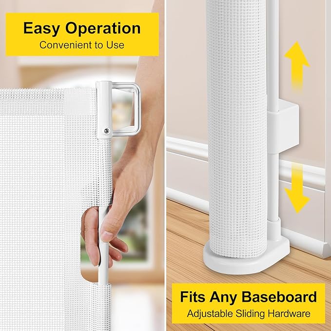 Reinforced 42??Tall x 200??Extra Long Retractable Baby Gates, Extra Tall Baby Gates for Dogs with Support Rods, Retractable Dog Gate for Wide Opening Pet Gate Indoor Outdoor, White