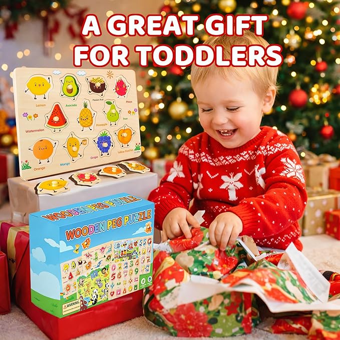 Wooden Peg Puzzles for Toddlers 1-3 – 6 Pack Toddler Puzzles, Preschool Educational Learning Puzzle Toys for Kids, Alphabet, Number, Shapes, Christmas Birthday Gifts for Boys, Girls