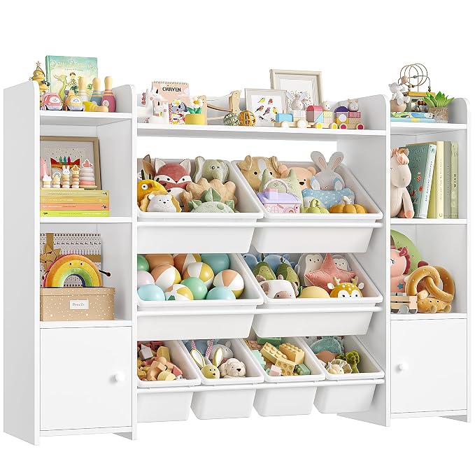 FOTOSOK Toy Storage Organizer with 8 Toy Bins, Toy Organizer Kids Bookshelf with 6 Storage Cubbies, Stuffed Animal Storage Organizer, Playroom Storage and Toy Chest, White