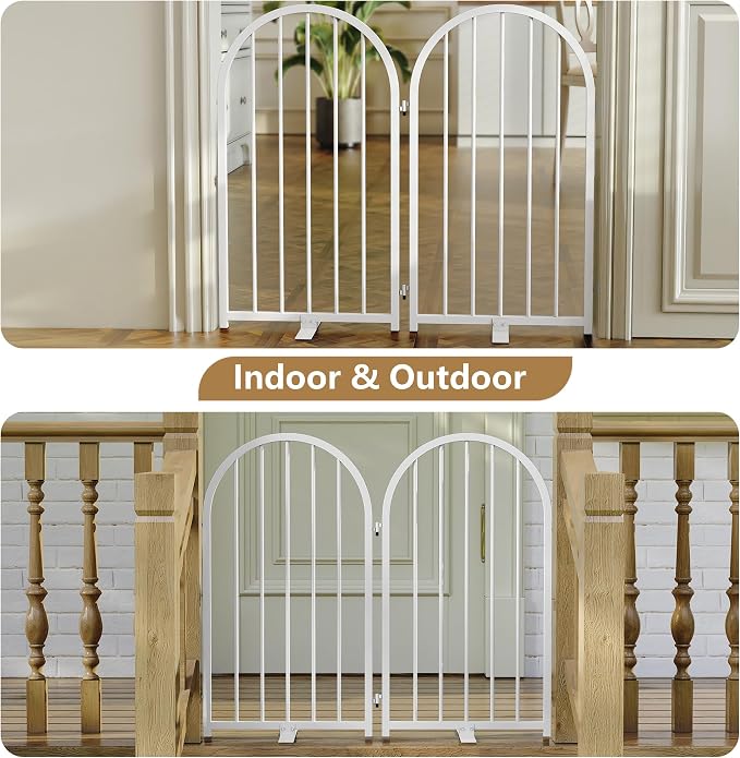 PUPETPO Full Metal Dog Gate for Indoor Outdoor, 32" Tall Free Standing Pet Dog Fence, 36" Wide Arched Pet Gates for Stairs, Hallways, Doorways, Kitchen, Decks, Yards (White, 2 Panels)
