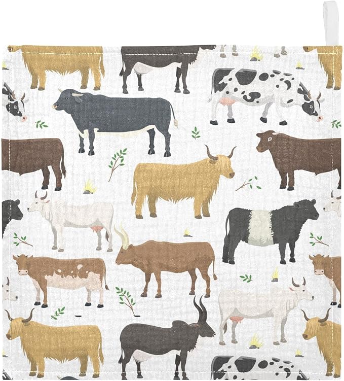 Baby Washcloths Cotton Bulls Cows Cattle Baby Muslin Washcloths Soft Baby Face Towel for Newborn Infants Baby Wipes, 11.8 X 11.8 Inch, 3 Pack White