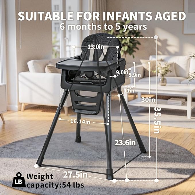 Portable High Chairs for Babies and Toddlers, Convertible Baby Feeding Chair with Tray, Easy Clean High Chair for Toddler with Foot Rest, Infant Highchairs & Booster Seats with Cushion Black