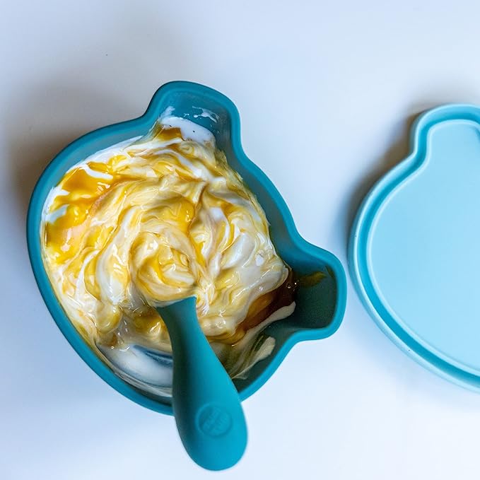 TUM TUM Suction Bowl for Baby, Toddler Bowl with Lid & Spoon, for Babies & Toddlers 6 Months+, BPA Free Silicone Baby Feeding Set, Microwave/Dishwasher/Freezer Safe, Boris Bear, Blue