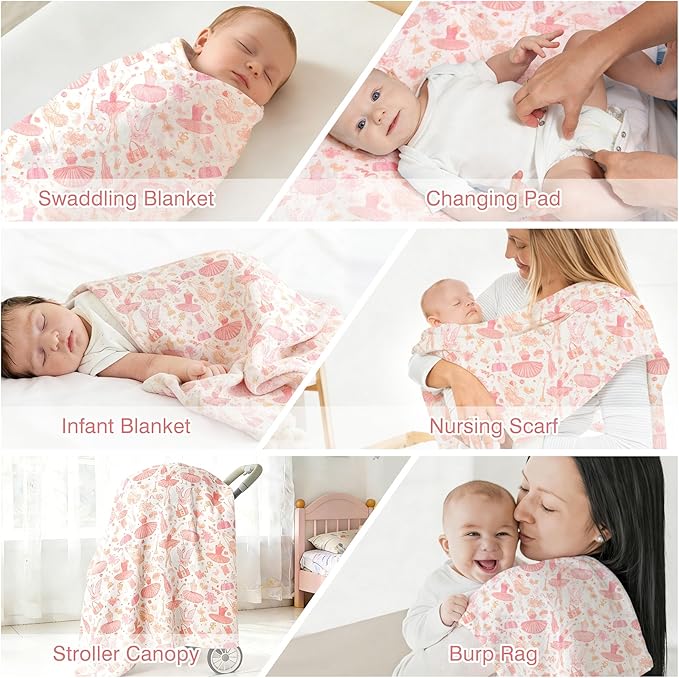 Muslin Swaddle Blankets for Newborn, Large 47"x47" Soft Breathable Bamboo Cotton Baby Blanket, Lightweight Receiving Blanket for Boys and Girls, Ballet Dream