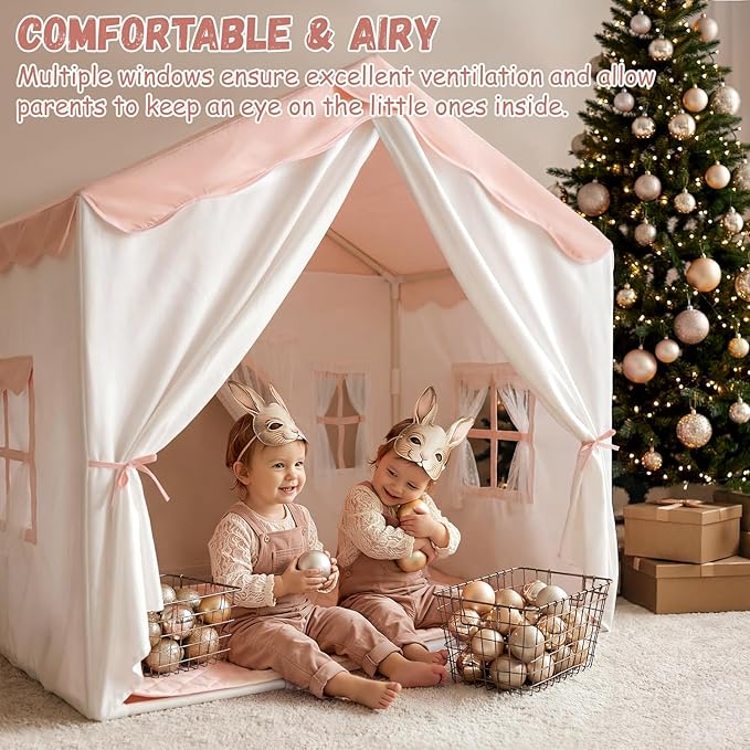 Kids Play Tent with Double Door Children's Playhouse Tents Pink- Portable Fantasy Adventure Castle for Girls, Kids Tent with Mat, House Toys for Girl Birthday, Christmas House Gift