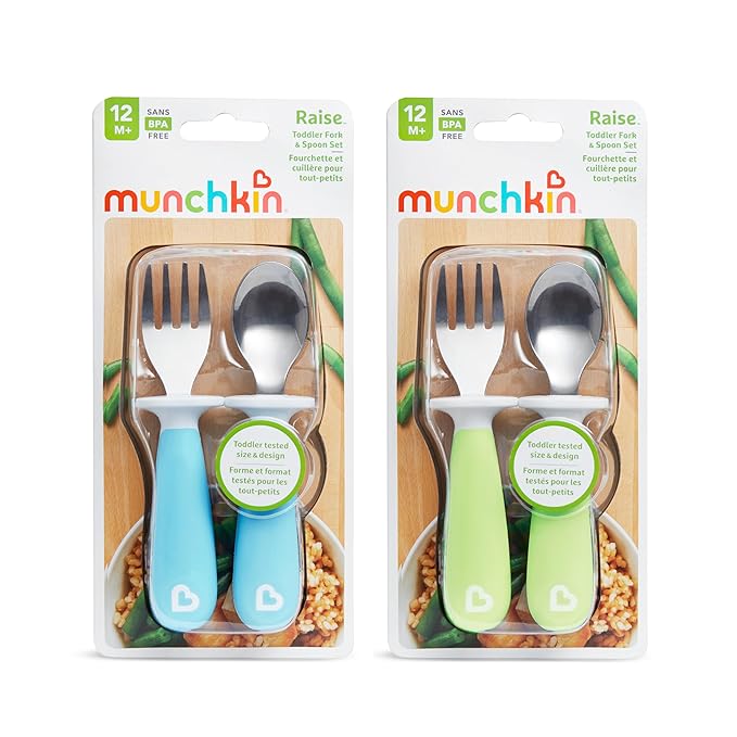 Munchkin® Raise??Toddler Fork and Spoon Utensil Set, Rest Keeps Tip Off Table, BPA Free, 4 Pack, Blue/Green