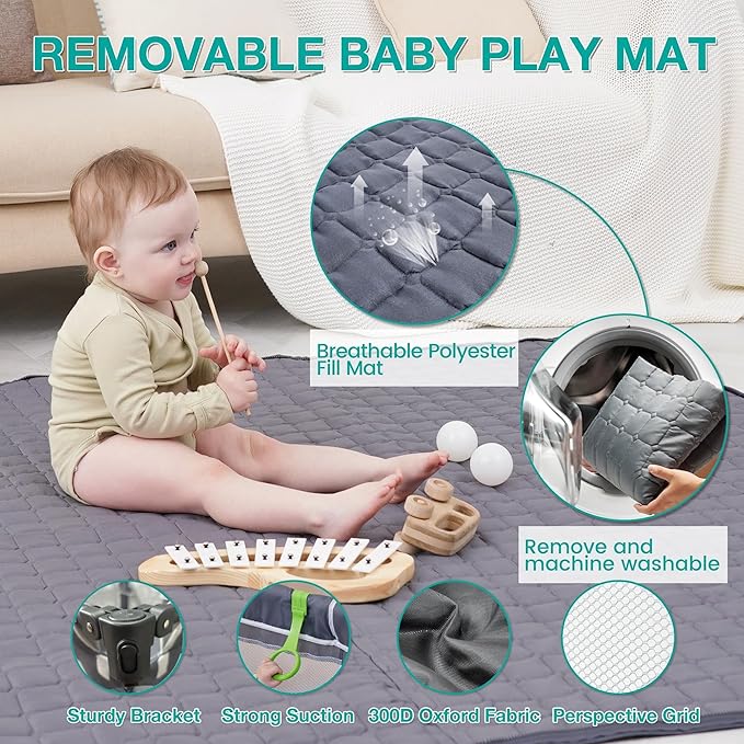 Foldable Baby Playpen 59"X71",Play Pen for Babies and Toddlers, Portable Playpen, Kids Collapsible Play Pen, Indoor & Outdoor Baby Fence with Visible Mesh,Safety Area Travel Play Yard with mat (Grey)