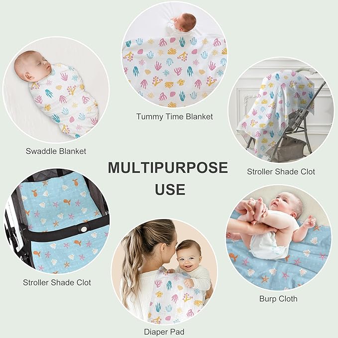 Muslin Swaddle Blankets for Newborn, 2 Pack Large 47"x47" Soft Breathable Bamboo Cotton Baby Blanket, Lightweight Receiving Blanket for Boys and Girls, Underwater Magic