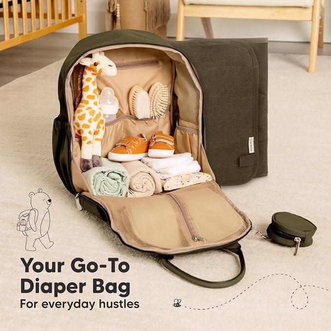 KeaBabies Diaper Bag Backpack - Multifunctional Travel Diaper Back Packs, Maternity Baby Changing Bags, Compact 18L Capacity, PU Leather, Waterproof, Unisex, Nappy Changing Pad (Dark Olive)