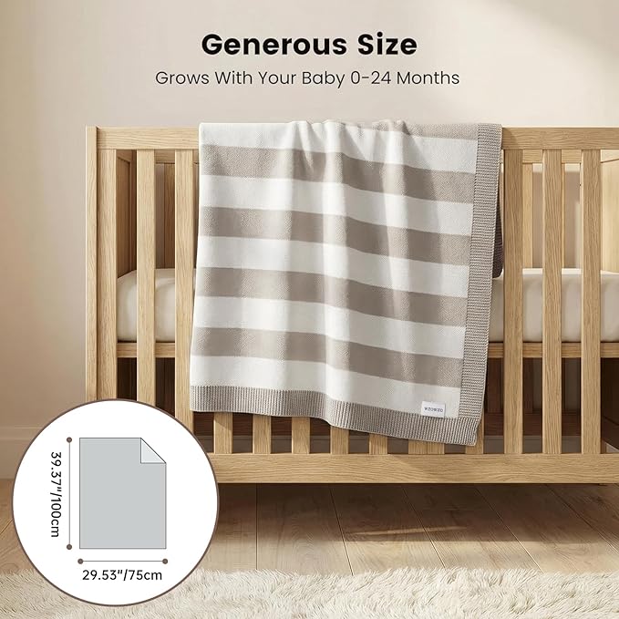 Knit Baby Blanket 40x30 Inches Striped, Soft Cotton Blend Swaddling Receiving Blanket for Newborn Infant, Gender Neutral Nursery Crib Stroller Blanket, (Beige & White)