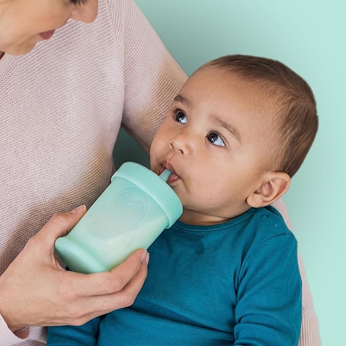 Silipint Penguin Training Cup for Babies with Straw Lid - Weaning Friendly Sippy Cup in Soft Food-Grade Silicone for 6+ Months Toddlers Giving Spill Resistance - Transparent Green Toddler Cup in 5oz