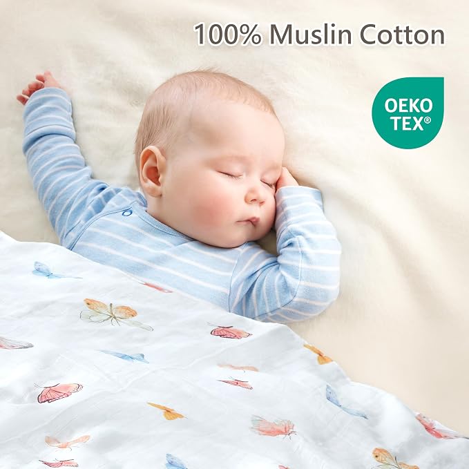 2-Pack Muslin Swaddle Blankets 47x47-100% Cotton Breathable Receiving Blankets for Newborn Baby, Soft Swaddling Wraps, Sunny Flutter & Bloom