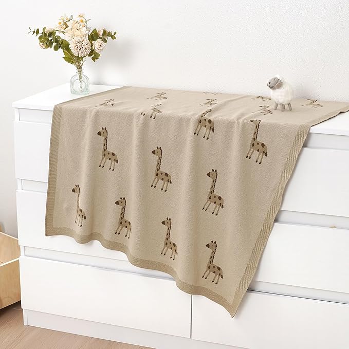 Opewod Soft Cotton Knit Baby Blanket with Cute Deer Print 40x30in Newborn Receiving Blanket Swaddle Cuddle Blanket for Crib, Stroller, or Nursery for Infants & Toddlers Camel