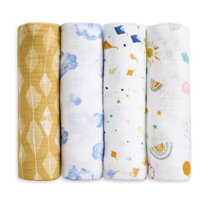 aden + anais Essentials Cotton Muslin Swaddles, Breathable Baby Blanket, Ideal for Boys, Girls, Newborns, Babies & Infants, Receiving Blanket, Soft and Lightweight Wrap, 4 Pack, Kite Parade